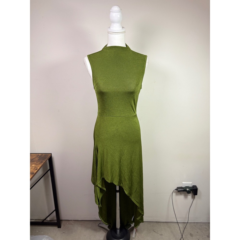Cider Olive Green Mock Neck Sleeveless High-Low Dress Medium